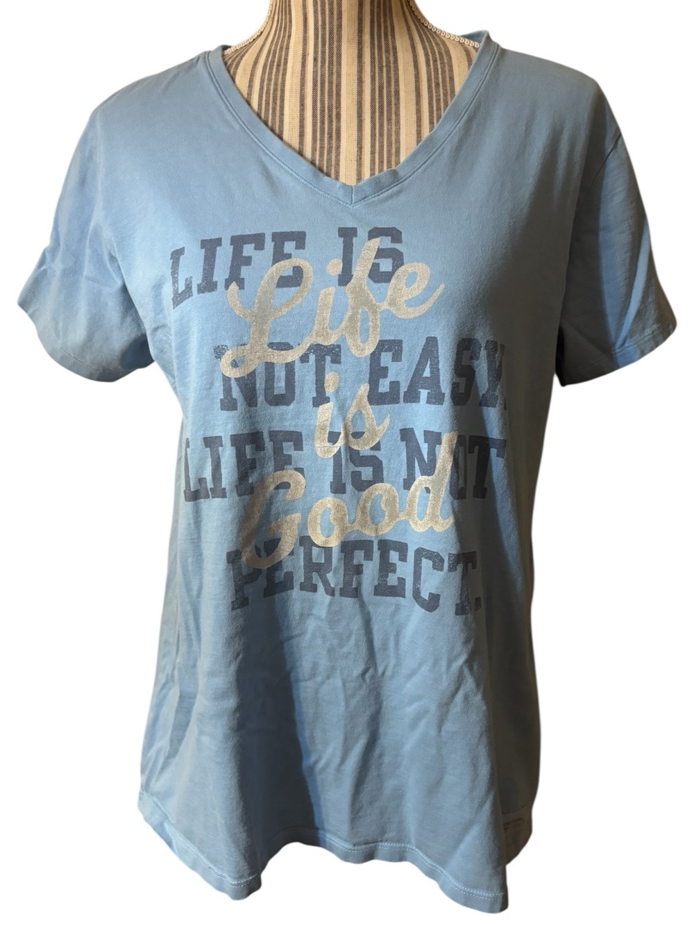 Life Is Good Crusher Tee Large Light Blue V-Neck Blue Silver Script 100% Cotton